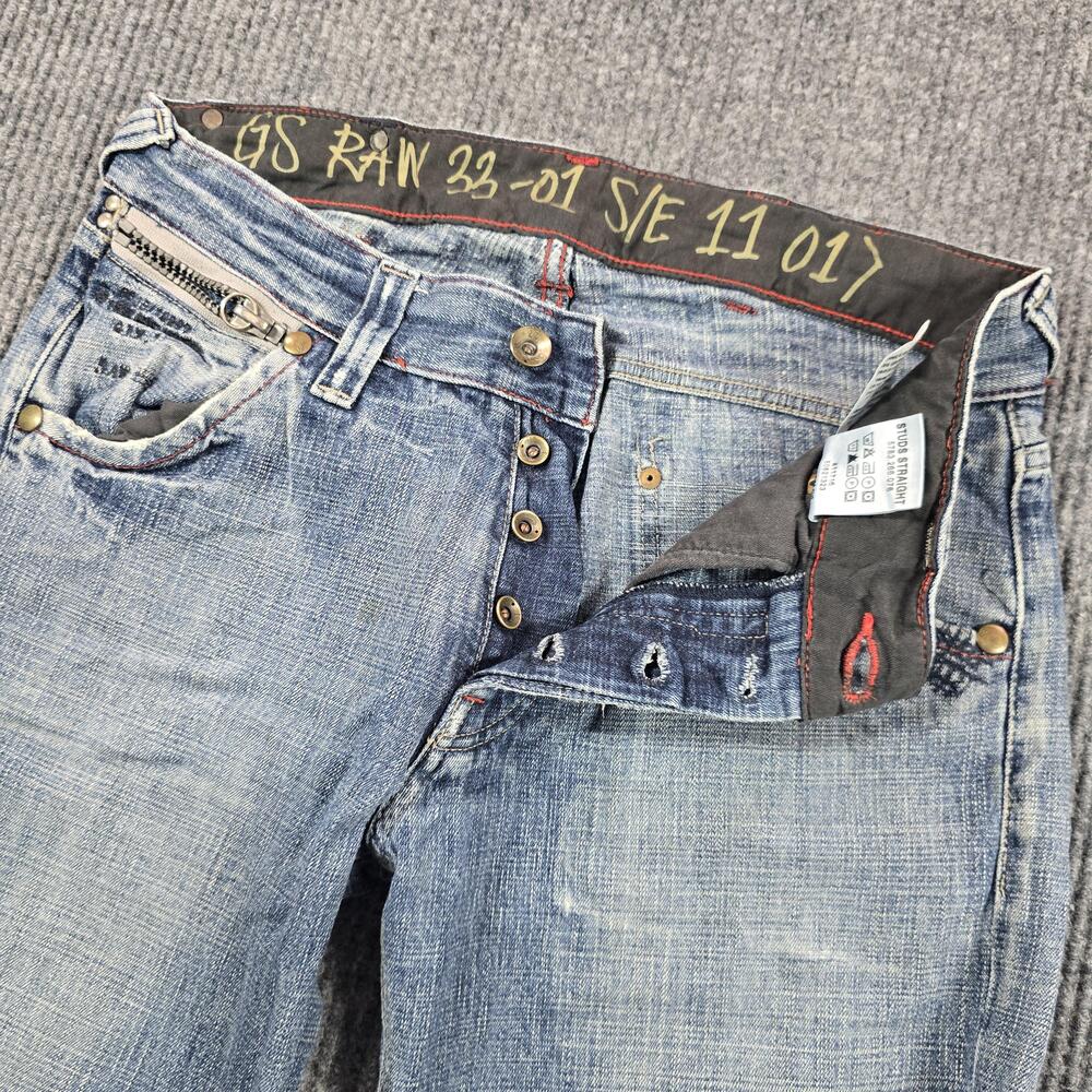 G-Star RAW Jeans Mens 32x34 Blue Studs Straight Regular Distressed Altered Hem